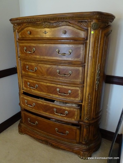 (MBR) MICHAEL AMINI CUSTOM MADE HIGHBOY; TWO-TONE WOOD HIGHBOY WITH 6 ROUNDED FRONT DRAWERS , AND