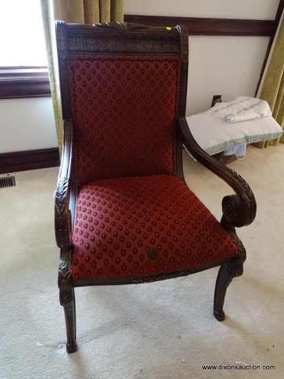 (MBR)CONTEMPORARY CARVED & UPHOLSTERED SIDE CHAIR; BURGUNDY UPHOLSTERED WITH HEAVILY CARVED