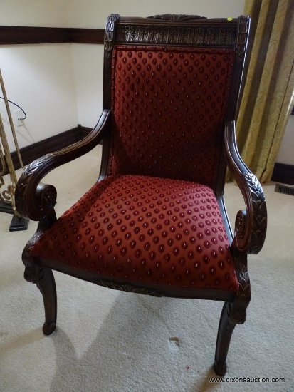 (MBR) CONTEMPORARY CARVED & UPHOLSTERED SIDE CHAIR; BURGUNDY UPHOLSTERED WITH HEAVILY CARVED