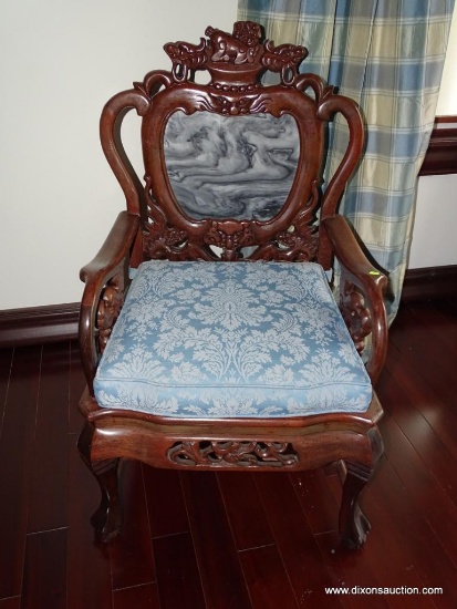(LR) HEAVILY CARVED ORIENTAL ARM CHAIR; BLACK & WHITE MARBLE BACK, DRAGON CARVED BACK & ARMS, BALL &