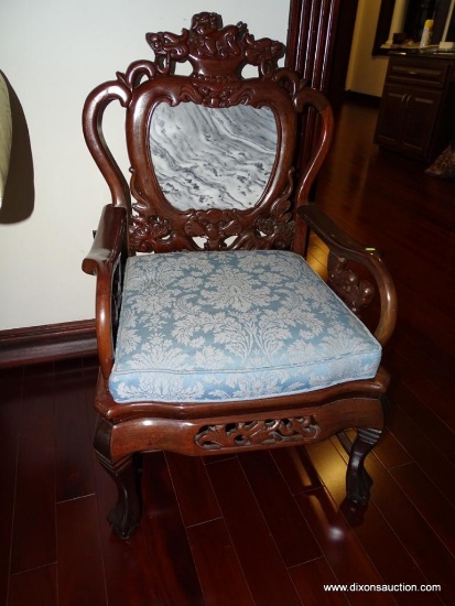 (LR) HEAVILY CARVED ORIENTAL ARM CHAIR; BLACK & WHITE MARBLE BLACK, DRAGON CARVED BACK & ARMS, BALL