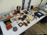 (GAR) TABLE LOT OF ASSORTED ITEMS TO INCLUDE; (2) ENGRAVED WOODEN GABLES, (2) SNOW GLOBES, BRASS COW