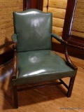 (BDEN) VINTAGE GREEN LEATHER SIDE CHAIR; GREEN LEATHER UPHOLSTERED ARMS WITH NAILHEAD DETAILING,