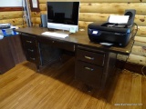 (BOFF) VINTAGE EXECUTIVE OFFICE DESK; WOOD GRAINED TOP, SIX DOVETAILED DRAWERS, SITS ON METAL