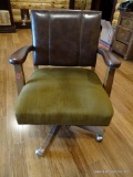 (BOFF) VINTAGE WOODEN OFFICE CHAIR; LEATHER BACK & ARMS WITH FABRIC CUSHION BOTTOM. SITS ON WHEELS.