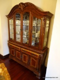 (DR) CUSTOM MADE 2 PC. CONTEMPORARY CHINA CABINET; CARVED SCROLL & LEAF DETAILED, ROPE DETAILING