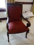 (MBR)CONTEMPORARY CARVED & UPHOLSTERED SIDE CHAIR; BURGUNDY UPHOLSTERED WITH HEAVILY CARVED