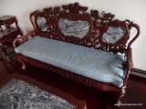 (LR) HEAVILY CARVED ORIENTAL SOFA; 3 PIECE BLACK & WHITE SECTIONED MARBLE BACK, DRAGON CARVED BACK &