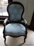 (FOY) VICTORIAN PARLOR CHAIR; BLUE AND CREAM UPHOLSTERED BACK, ARMS, AND SEAT WITH SCROLL AND FLORAL