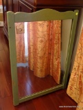 (DR) ANTIQUE WOODEN WALL MIRROR; RECTANGULAR MIRROR IN A GREEN PAINTED WOOD FRAME. MEASURES 1' 11