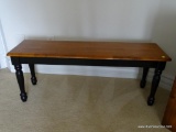 (UPBR) CONTEMPORARY TWO TONED WOODEN BENCH; RECTANGULAR WOODEN TOP ON BLACK TURNED LEG BASE.