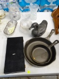 (GAR) LOT OF MISC. TO INCLUDE: (2) BENJAMIN & MEDWIN CAST IRON SKILLETS, ETCHED PEWTER COVERED DUCK,