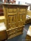(R3) STANLEY FURNITURE ARMOIRE; STAINED WOOD ARMOIRE WITH FAINT BLACK PAINT SPLATTER TEXTURE, HAS