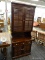 (R3) ETHAN ALLEN KITCHEN HUTCH; TWO PIECE WOODEN HUTCH. TOP PIECE HAS DENTAL MOLDING WITH TWO