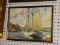 (BWALL) FRAMED PRINT; DEPICTS A SAILBOAT APPROACHING THE WATERFRONT CITY. SITS IN A WOODEN FRAME.