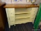 (WALL) ENTERTAINMENT STAND; WOODEN ENTERTAINMENT STAND WITH A WOODEN TOP AND A CREAM PAINTED BOTTOM.