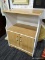 (WALL) MODERN ACCENT TABLE WITH STORAGE; HAS A WHITE AND NATURAL WOOD FINISH WITH A LOWER SHELF AND