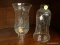 (WALL) PAIR OF CLEAR, ETCHED GLASS CHIMNEYS. MEASURES 7 IN TALL.