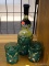 (R1) ROCK GLASS SET AND VASE; SET OF THREE FACETED GREEN ROCKS GLASSES WITH GOLD DETAILING AND A