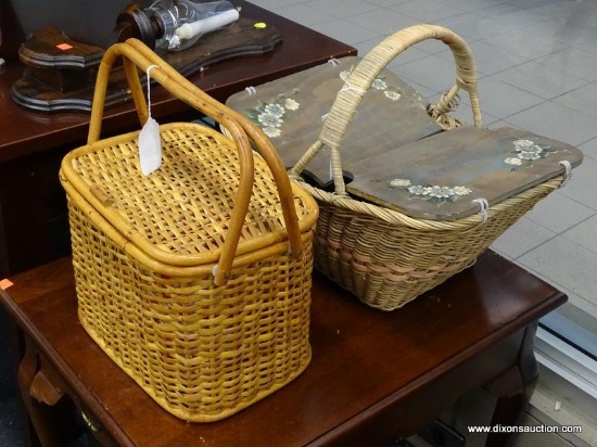 (WINDOW) PAIR OF PICNIC BASKETS; TWO WICKER PICNIC BASKETS, ONE WITH A LID AND 2 HANDLES. COMES WITH
