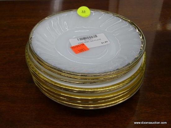 (WINDOW) ASSORTED SAUCERS; 9 PIECE LOT OF ASSORTED SAUCERS WITH GOLD TONE TRIM TO INCLUDE 3 FIRE