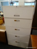 (R2) FILE CABINET; LOCKABLE FILE CABINET WITH FOUR DRAWERS AND TOP PULL OUT SHELF WITH DOOR. WHITE