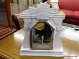 (R2) CLOCK BOX; WHITE PAINTED, ORNATE CARVED CLOCK BOX WITH FRONT DOOR. CLOCK HAS BEEN TAKEN OUT.