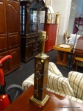 (R2) TABLE LAMP; WOODEN BLOCK TABLE LAMP WITH LARGE DECORATIVE BRONZE KEYHOLE ESCUTCHEON HANGER AND