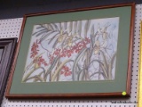 (BWALL) FRAMED FLORAL PRINT; SHOWS FLOWER GARDEN WITH RED FLOWERS, AND WHITE CALLA LILIES. SITS IN