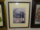 (BWALL) J. MURPHY GARDEN GATE PRINT; DEPICTS A WHITE ARCHED GARDEN GATE THAT LEADS TO THE WATER.