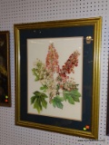 (BWALL) FRAMED BOTANICAL PRINT; SHOWS WHITE, PINK, AND RED FLOWERS. MATTED IN PINK AND NAVY. SITS IN