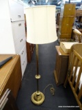 (R3) FLOOR LAMP; BRASS FLOOR LAMP WITH REEDED STEM AND TURNED BASE AND CREAM DRUM SHADE. MEASURES 58