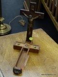 (R3) CRUCIFIX SICK-CALL SET; WOODEN AND BRONZE CRUCIFIX FIGURINE WITH REMOVABLE CROSS AND STAND. HAS