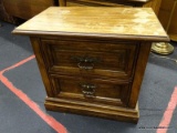 (R3) STANLEY FURNITURE SIDE TABLE; STAINED WOOD WIDE TABLE WITH FAINT BLACK PAINT SPLATTER TEXTURE.