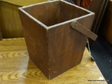 (R3) WELL BUCKET; DECORATIVE WOODEN WELL BUCKET WITH WOODEN CARRYING HANDLE. BOTTOM IS MISSING