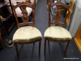 (WINDOW) PAIR OF PIERCED SPLAT CHAIRS; TWO ELEGANT CHAIRS WITH A FLOWER PATTERNED, GOLD TONED