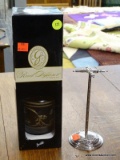 (R3) MEASURING SPOON STAND AND GREENLEAF REED DIFFUSER; SILVER SCROLL AND LEAF ACCENTED MEASURING