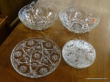 (R3) SET OF GLASSWARE; 4 PIECE SET OF FACETED CUT GLASS DISHWARE TO INCLUDE ONE CANDY DISH WITH LID,