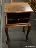 (R2) QUEEN ANNE SIDE TABLE; WOODEN END TABLE WITH PULL OUT SHELF AND SCALLOPED SKIRT. MEASURES 16 IN