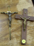 (R3) PAIR OF CRUCIFIXES; TWO CRUCIFIXES, ONE IS A POLISHED BRASS CROSS AND A BRONZE JESUS FIGURINE