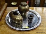 (R3) TRAY LOT OF METALWARE; FOUR PIECE LOT OF METALWARE TO INCLUDE A BRASS URN, A SHELL SHAPED BRASS