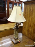 (R3) SQUARE PORCELAIN AND WOODEN TABLE LAMP; HAS A BEIGE GLAZED SCROLLING DETAILED PORCELAIN CENTER