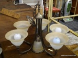 (R4) 6-LIGHT CHANDELIER; BRONZE CHANDELIER WITH 5 FIXTURES ON ARMS POINTING DOWN AND A FIXTURE IN