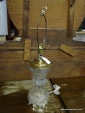 (R4) TABLE LAMP; CRYSTAL, CUT GLASS TABLE LAMP WITH ETCHINGS AT THE BOTTOM OF THE LAMP. DOES NOT