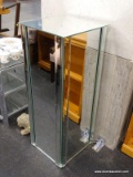 (WINDOW) MIRROR DISPLAY PEDESTAL; CAPTIVATING MIRROR PEDESTAL WITH SQUARE BASE. HAS BEVELED GLASS