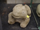 (WINDOW) FROG STATUE LAWN ORNAMENT; CEMENT LAWN ORNAMENT IN THE SHAPE OF A FROG. MEASURES 6 IN TALL.