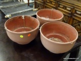 (R4) SET OF RESIN HANGING PLANTERS; 3 PIECE LOT OF TERRA COTTA STYLE, RESIN, ROUND HANGING PLANTERS.