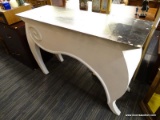 (R4) MODERN CONSOLE TABLE; SCROLLING WOODEN SOFA TABLE WITH CHAMPAGNE/SILVER PAINTED TOP AND A WHITE