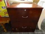 (R4) CHERRY FILE CABINET; 2 DRAWER FILE CABINET WITH SATIN NICKEL HANDLES. HAS A KEY LOCK BUT IS