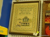 (BWALL) FRAMED NEEDLEPOINT; NEEDLEPOINT SHOWS A HOME WITH BIKERS RIDING BY AND A QUOTE READING 
